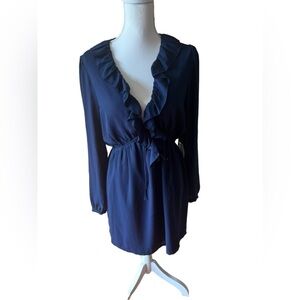 NEW About Us Navy Blue Ruffled‎ Long Sleeve Plunging V-Neck Mini Dress